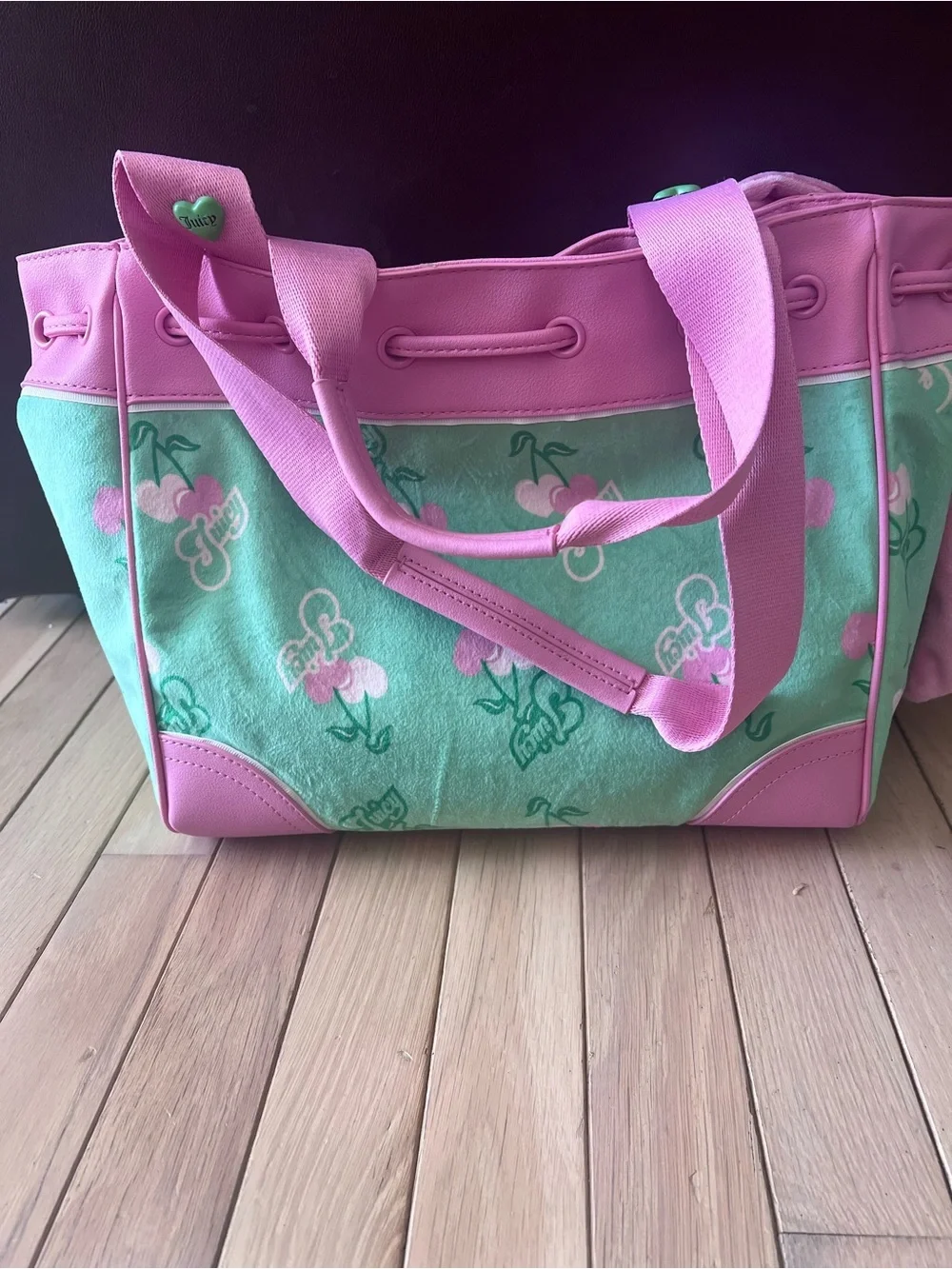 Juicy Couture Pink and Mint Cherry Logo Tote with Heart Charm